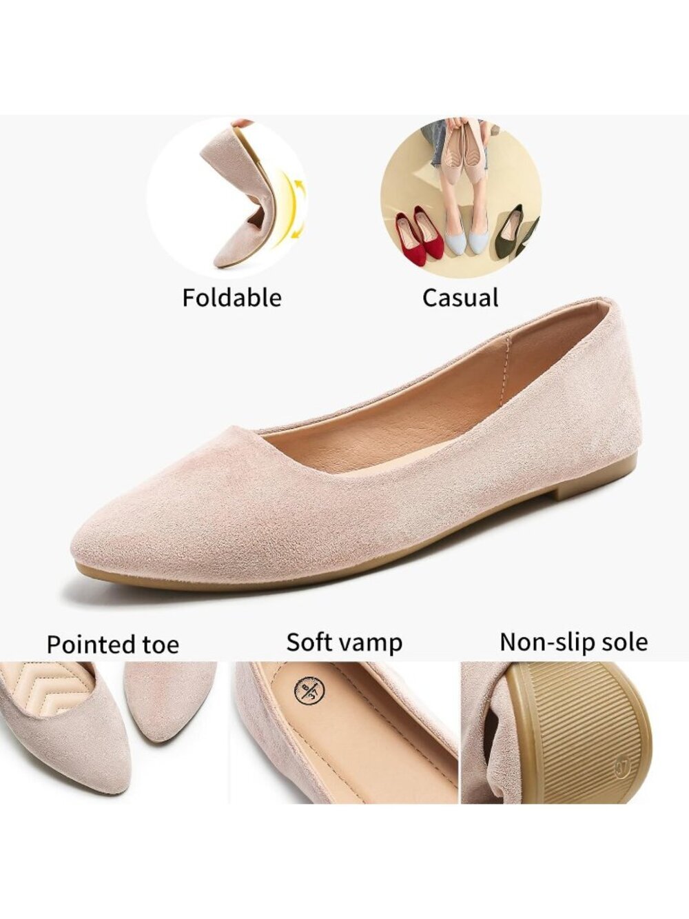 Women’s Nude Flat Comfortable Suede Pointed Toe Slip On Casual Ballet Flat Shoes - Picture 5 of 6